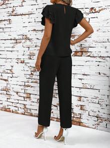 Ellevyn Women's Casual Two-Piece Outfit: Black Ruffle Sleeve Round Neck Top And High-Waisted Regular Length Pants Set - Black - View 2