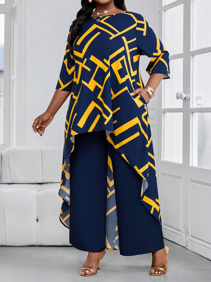 SHEIN Lady  Four Seasons Two Piece Outfits Women Outfit Sets Fall Two Piece Sets Casual Elegant Women's White Woven Stand Collar Elegant Layered Women Fall Sets New Women's Two-Piece Set Women's Casual Plus Size Co-Ords Geometric Print - Royal Blue - View 1