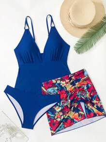 Swim Lushoire 3pcs Set Solid Triangular Crop Top, High Cut Panties With Random Printed Drawstring Mini Skirt, Swimsuit For Summer Beach Vacation - Multicolor - View 3