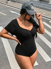 CovetEZ Plus Size Women's Casual Sweetheart Neck Short Sleeve Black Bodysuit, Summer - Black - View 1