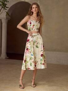 MOTF PREMIUM Conjunto de top de tirantes con estampado floral y falda fluida - Multicolor - Ver 5