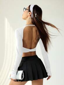 SHEIN Sport Studio Damen einfarbiges Shirt mit Rundhalsausschnitt, Langarm und Ausschnitt am Rücken, Sportive Optik