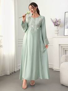 Al Najma Colorful Embroidered & Bead Decor Flare Sleeve Round Neck Maxi Arabian Dress, Modest