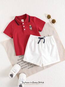 Cozy Pixies 2 Stücke/Set Baby Jungen Outfit mit Cartoon Muster, weicher gestrickter Polo Kragen Knopfhemd und Shorts mit Gummibund
