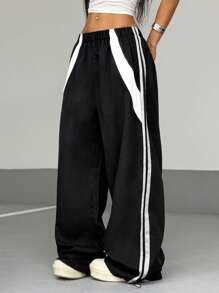 StreetHx 女士弹性腰部拼接街头休闲宽松运动裤 - 黑色 - 查看 6