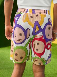 Teletubbies X SHEIN Męskie szorty na co dzień, letnie, ze ściągaczem w pasie i kieszeniami, z nadrukiem kreskówkowym - Biały - Zobacz 2