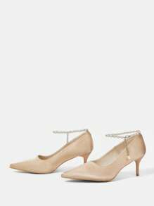 CUCCOO HITCHD Zomer Nieuwe Damesschoenen Parel & Strass Hanger Ketting Enkelbandje Puntige Teen Stiletto Kitten Heels, Elegante Intellectuele Klassieke Romantische Glamour Elegante Champagne Gouden Satijnen Bruidsjurk Bruiloft Feestjurk Pumps