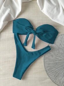 Swim Chiccia Áo ống màu trơn Springbreak dành cho nữ có áo trang trí bằng kim loại và đồ bơi bikini gợi cảm cắt cao, trang phục mùa hè - Màu xanh ngọc - Xem 2