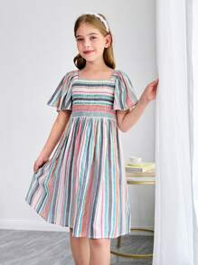 青少年女孩休闲节日编织彩色条纹荷叶边方领纽扣后背镂空设计连衣裙 - 彩色 - 查看 6