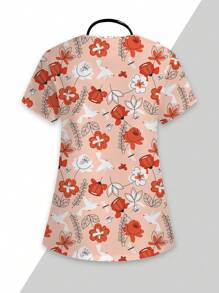 PopScrub Cute Cartoon Sketch Floral & Bird Print /Nursing Scrub Uniform Top - Multicolor - View 2
