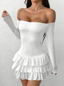 SHEIN EZwear Women's Solid Color Pleated Off Shoulder Long Sleeve Ruffle Hem Mini Dress - White - View 6