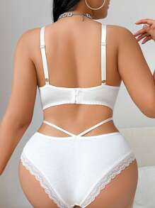 SHEIN 2pcs/Set Plus Size Women's Solid Color Sexy Lace Patchwork Lingerie Set, Lift - White - View 2