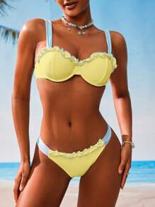 Swim Mod Women Refreshing & Sweet Frill Trim Swimsuit Set For Summer Beach Vacation - Yellow - View 3