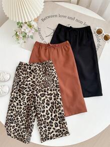 SHEIN 3pcs/Set Cute Leopard Print Black Elastic Waist Pants, Versatile Summer - Multicolor - View 4