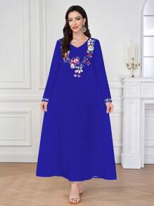 Al Najma Vestido feminino com decote em V, manga longa, elegante e confortável, estampa floral, decote delicado, design com padrão floral, poliéster, adequado para casa, passeios, feriados, festas, vestuário feminino, primavera, vestido feminino primavera/verão, vestido estampado feminino, vestido feminino - Azul - Ver 5