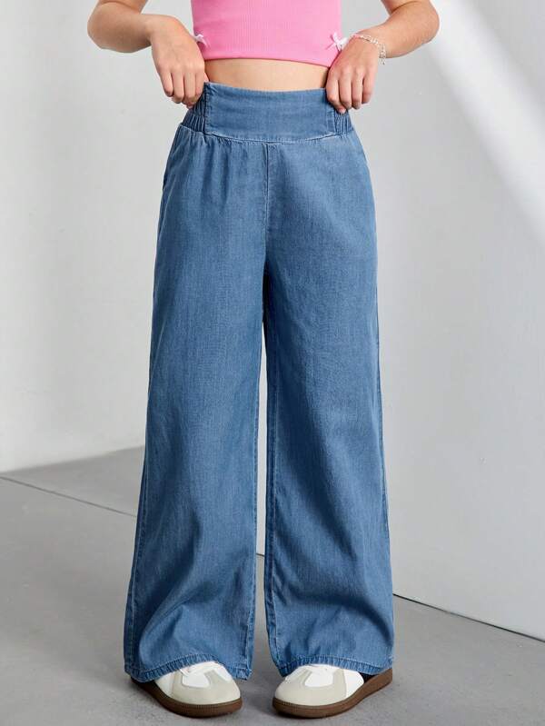 Tween Girls Summer Holiday Casual High Waist Wide Leg Blue Pants, Spring Autumn Casual High Waist Wide Leg Loose Blue Pants, Casual Daily Wear