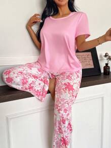 2pcs Women's Solid Color Short Sleeve Top And Floral Print Long Pants Pajama Set - Multicolor - View 1