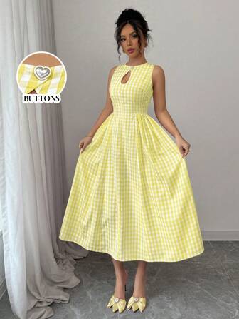 Gloray Vestido casual de media longitud para mujer con cuello redondo, sin mangas, con botones y decoración de corazón a cuadros, primavera/verano