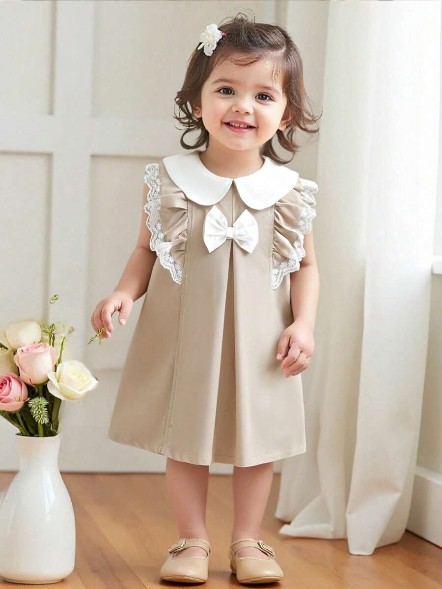 Souflis Souflis 女婴时尚休闲拼布白色蕾丝边彼得潘领连衣裙，夏季 - 卡其色 - 查看 1