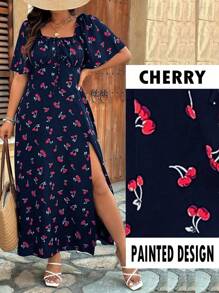 SHEIN Clasi Plus Size Cherry Print Pattern Short Sleeve Halter Neck Chest Tie Up Waist Back Elastic Hem Side Split Ankle Length Dress, Cute For Vacation/Dating - Multicolor - View 4
