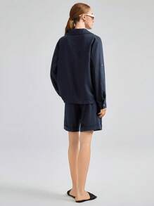 Ontre Women 2 Pieces Suit Set: Blazer Jacket And Shorts, Casual Urban Commuter Wear, Utility Style, Minimalist, Unisex - Navy Blue - View 2