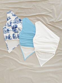 Soleia 3 Set Multicolor Vacation Coconut Girl Island Girl Blue Floral Print Women Spring Casual Hibiscus And Flame Lily Blouse Suitable For Going Out - Blue and White - View 2