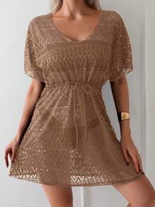 SHEIN Swim Women's Vacation Beach Solid Color Hollow See-Through Coverup Dress For Summer - Khaki - View 3