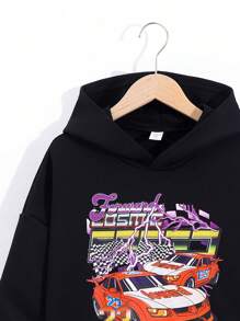 SHEIN Boys' Casual Loose Fit Hooded Sweatshirt With Cool Car Print Pattern And Plain Color Pants Set - Multicolor - View 7
