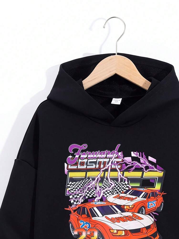 Boys' Casual Loose Fit Hooded Sweatshirt With Cool Car Print Pattern And Plain Color Pants Set