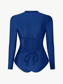 SHEIN Swim Plus Size One-Piece Swimsuit With Adjustable Drawstring And Bindwrap - Navy Blue - View 4