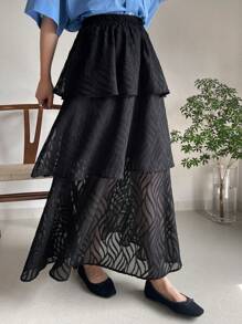 FRIFUL Women's Black A-Line Multi-Layer Ruffle Skirt, Concert Skirt - Black - View 4