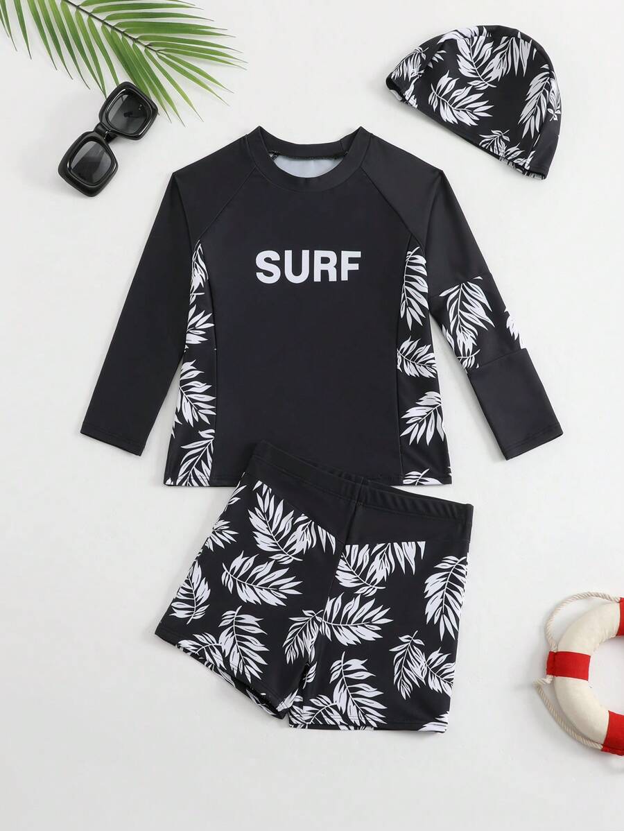 Boys' Plant Print Splice Long Sleeve Swim Trunks Set - Black and White - View 1