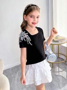 SHEIN Tween flicka enfärgade juveler utsmyckning crew Neck monterad kortärmad T-shirt - Svart - Visa 4