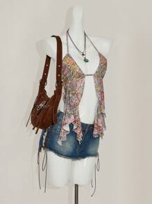 SHEIN ICON Women's Backless Halter Casual Top With Side Slit & Cashew Print - Multicolor - View 10