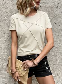 SHEIN LUNE 女士纯色短袖圆领休闲开叉设计 T 恤 - 杏色 - 查看 6