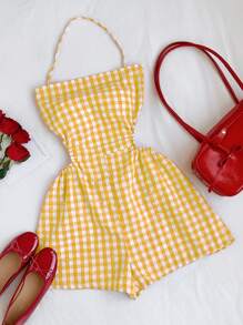 Comfortcana Women's Boho Yellow Gingham Strapless Sleeveless Short Jumpsuit With Knot Detail And Cut-Out Sides - Yellow - View 5