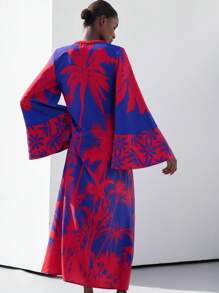 Aveloria Modichic Elegante abito lungo con maniche a sbuffo per donna, con stampa di palme e taglio scollato, in stile boho per vacanze, vestibilità morbida
