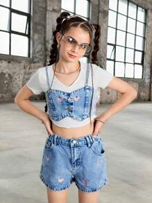 Tween Girls 2 件套牛仔套装 - 时尚水洗牛仔上衣，带有心形刺绣和配套牛仔短裤，时尚休闲装 - 中等水洗藍 - 查看 4