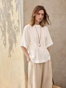 Ontre White Bohemian Style 3/4 Sleeve Cinched Waist Casual Everyday Shirt