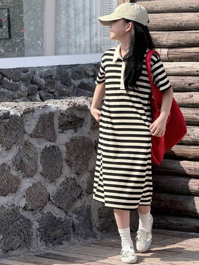 Dazy Kids 女童条纹领短袖针织连衣裙，加大码儿童夏季服装，返校服装