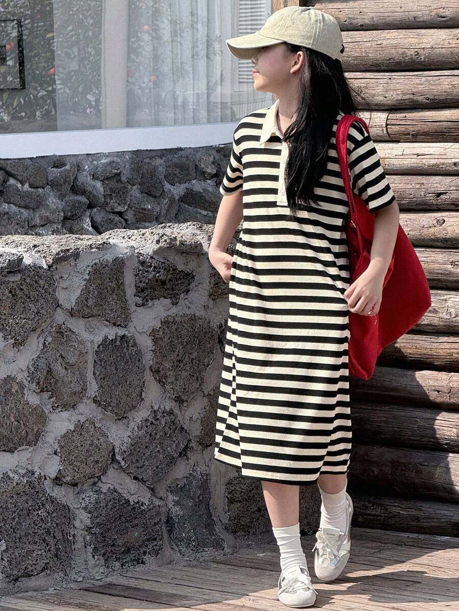 Váy len dệt kim cổ ngắn tay kẻ sọc cho bé gái tuổi teen, Quần áo trẻ em cỡ lớn cho mùa hè, Quần áo trở lại trường - Đen và trắng - Xem 1