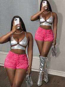 Slaydiva Nuevos shorts vaqueros de estilo retro de color rojo rosa para mujer, de uso casual y calle en primavera y verano