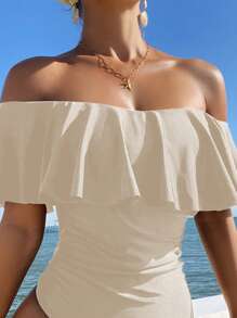 Swim Chiccia Maillot de bain une pièce avec volants côté froncé de couleur unie élégant pour le printemps, style bohème pour festival, femmes, vacances à la plage d'été
