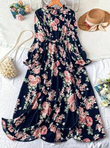 DreamSkyne Court Retro  Plus Floral Print Long Sleeve Dress Fall Cloth For Women - Royal Blue - View 1