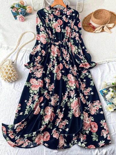 Celure Court Retro  Plus Floral Print Long Sleeve Dress Fall Cloth For Women