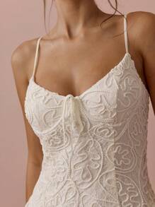 Enchnt 春夏浪漫女士优雅杏色编织绳蕾丝吊带背心迷你连衣裙，甜美优雅性感太阳裙，适合婚礼季、节假日、度假、甜蜜约会和毕业季、女士夏季服装、女士音乐会服装、女士复活节服装 - 杏色 - 查看 2