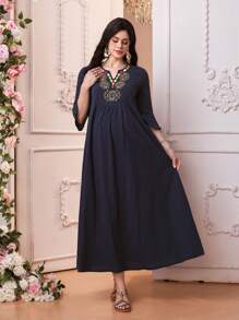 SHEIN 孕妇连衣裙 3/4 袖褶饰刺绣连衣裙 - 藏蓝色 - 查看 5