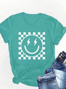 SHEIN CURVE+ Women's Smiling Face Print Creative Design Casual Round Neck Short Sleeve T-Shirt - Army Green - View 3