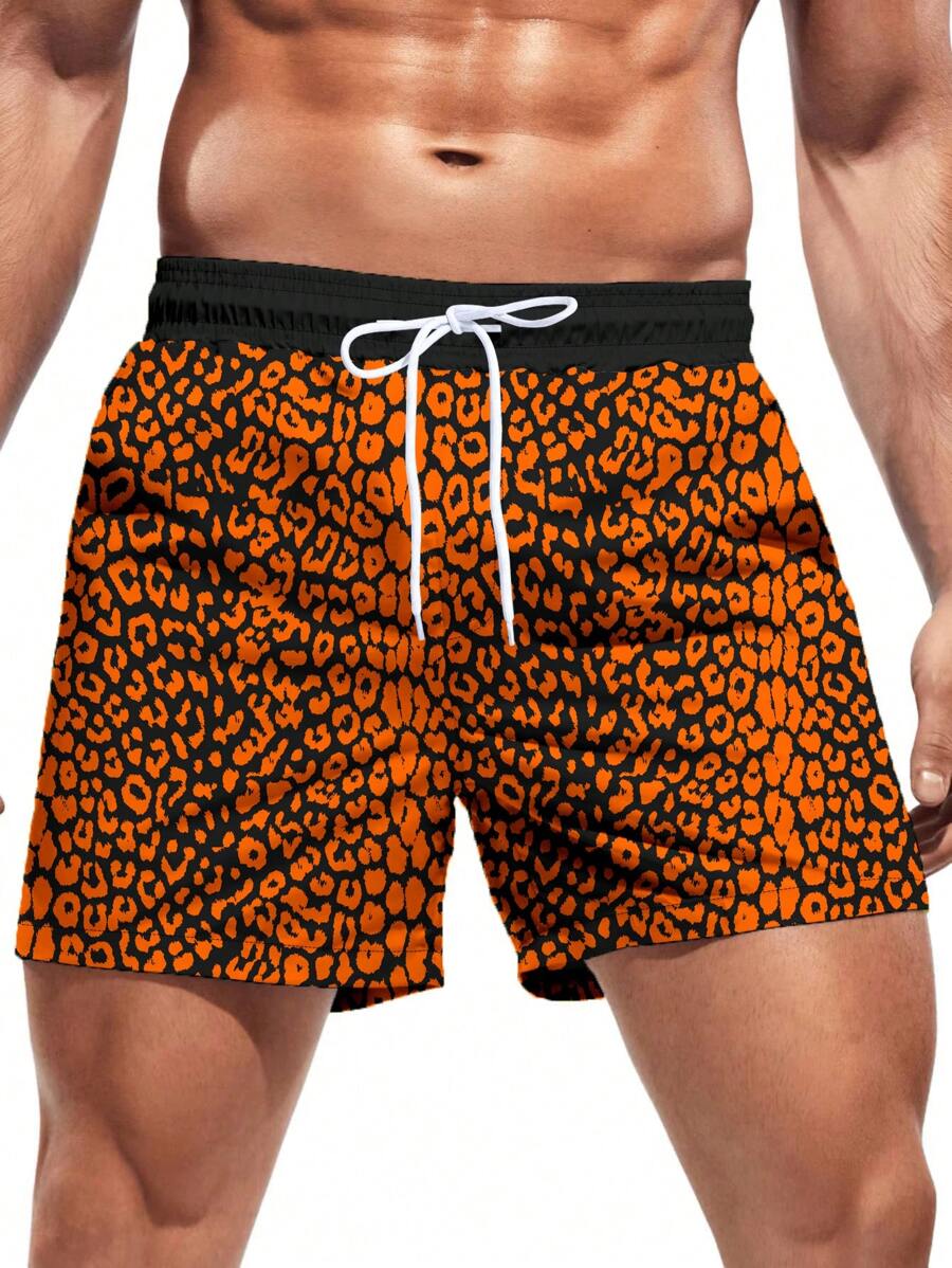 Surfspeed Men's Leopard Print Drawstring Waist Beach Shorts - Orange - View 1