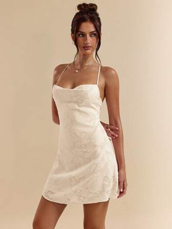 SHEIN BAE 春夏纯粉色修身圆领露背系带提花 A 字形超短迷你连衣裙